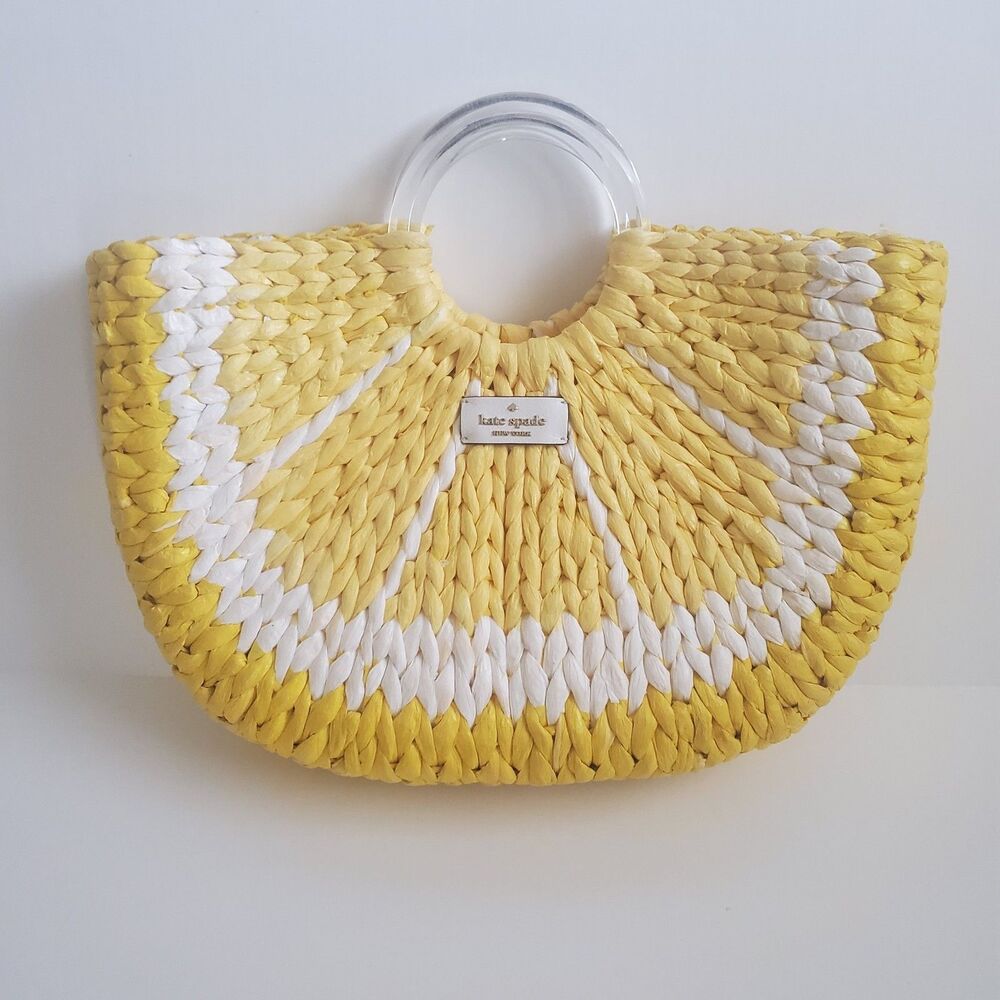 Kate Spade Tote Yellow Rattan Straw Perfect Lemon Slice Picnic Beach Resort Bag